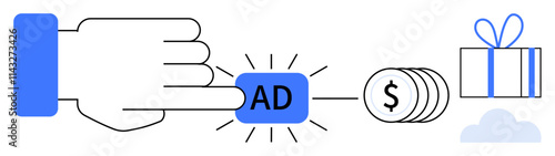 Hand clicking on a blue AD button, receiving dollar coins symbolizing revenue, and a gift box. Ideal for advertising, revenue, online marketing, rewards, business growth, monetization user