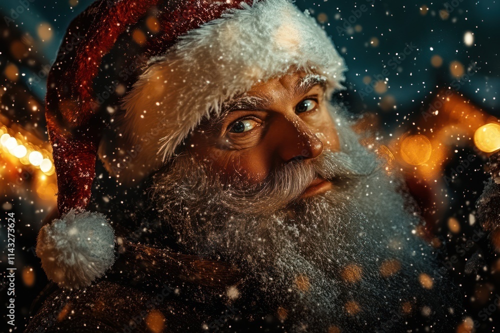Festive Santa Claus and Reindeer on Christmas Market with Bokeh Lights and Snowflakes: Perfect Winter Background for Holiday Greeting Cards and Vacation Memories Festive Santa Claus and Reindeer on Christmas Market with Bokeh Lights and Snowflakes: Perfect Winter Background for Holiday Greeting Cards and Vacation Memories