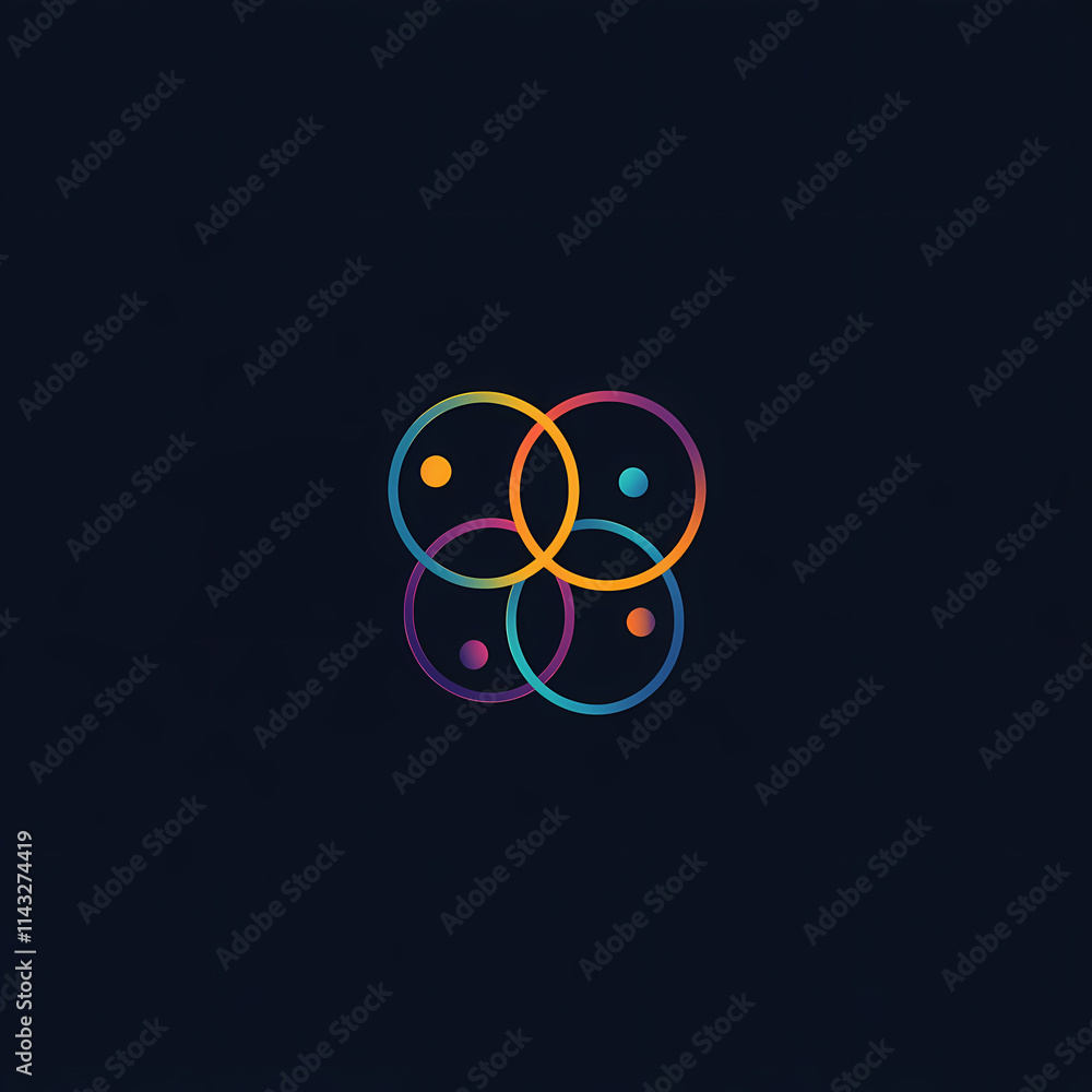 Minimalist vector logo design of interconnected circles forming atoms Minimalist vector logo design of interconnected circles forming atoms