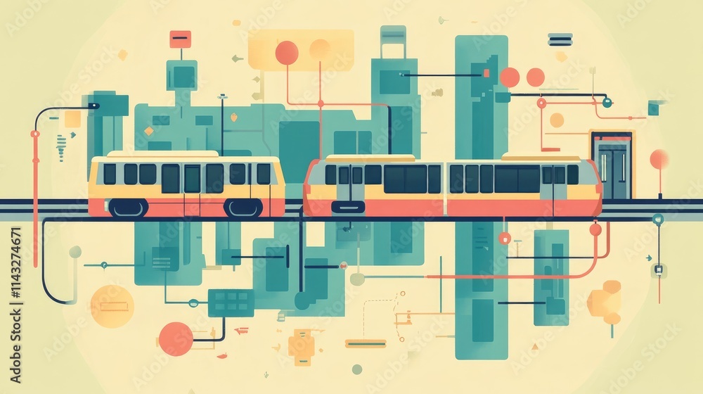 Naklejka premium public transit map flat design front view urban planning animation colored pastel 