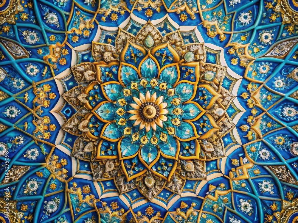 Vibrant blue and gold mandala bursts with floral geometric detail, captured in a documentary photographic style. Vibrant blue and gold mandala bursts with floral geometric detail, captured in a documentary photographic style.