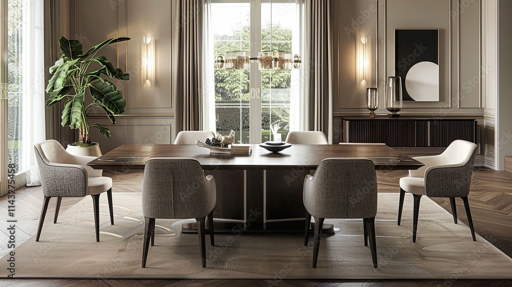 Fototapeta premium Luxurious Modern Dining Room with Dark Wood Table and Elegant Chairs