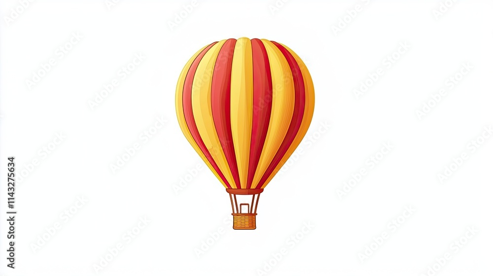 Naklejka premium A vibrant hot air balloon with red and yellow stripes, floating against a white background.
