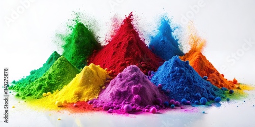 Vibrant Holi powder silhouette, ecologically friendly, playfully dances against a pure white background, festive and Indian.