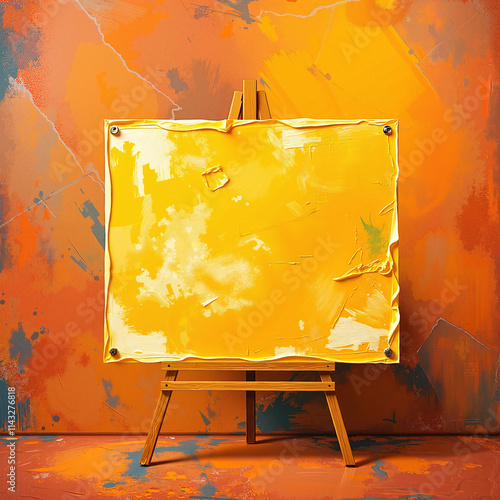 Flipchart mockup on easel with vibrant orange background, creative presentation, blank canvas photo