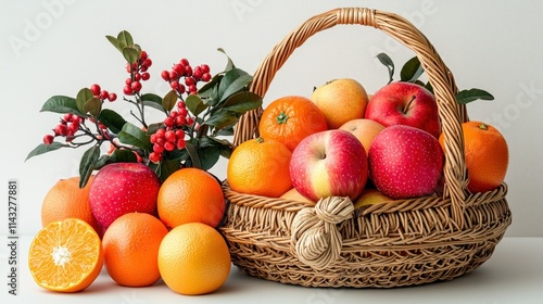 Celebrating lunar new year 2025 with a dragon theme red background fruit basket festive decor vibrant atmosphere photo