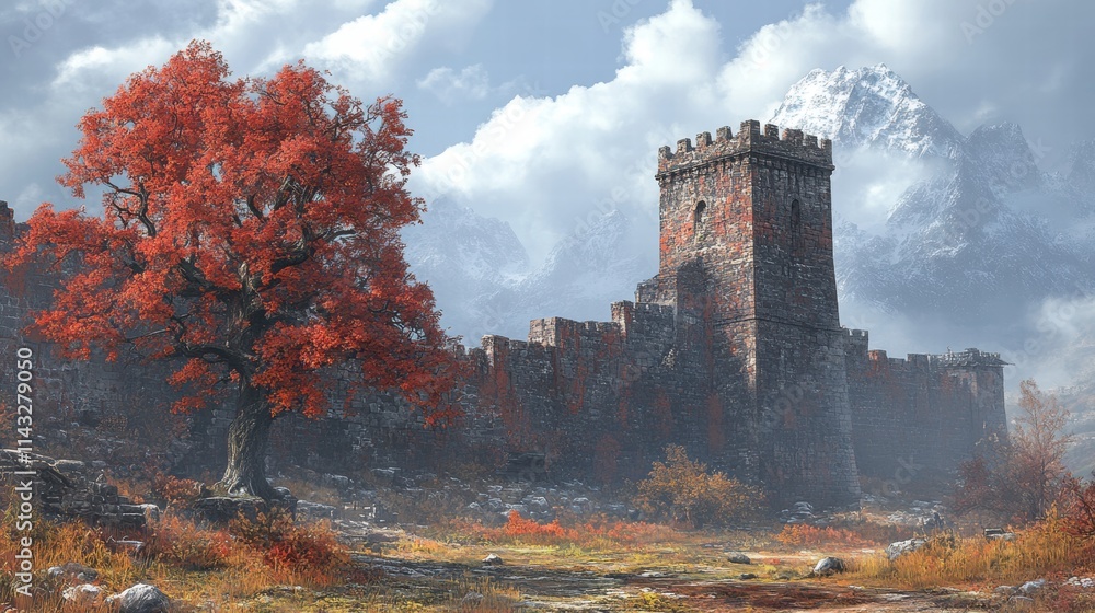 Fototapeta premium Majestic Autumn Landscape with Ancient Stone Castle and Tree