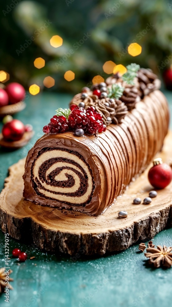 Chocolate Yule log with frosting on green wooden background traditional Christmas Swiss roll cake Buche de Noel, sponge cake with chocolate cream for New Year celebrations Chocolate Yule log with frosting on green wooden background traditional Christmas Swiss roll cake Buche de Noel, sponge cake with chocolate cream for New Year celebrations