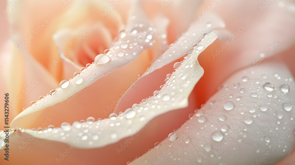 A detailed macro shot of a rose petal with droplets of morning dew glistening A detailed macro shot of a rose petal with droplets of morning dew glistening