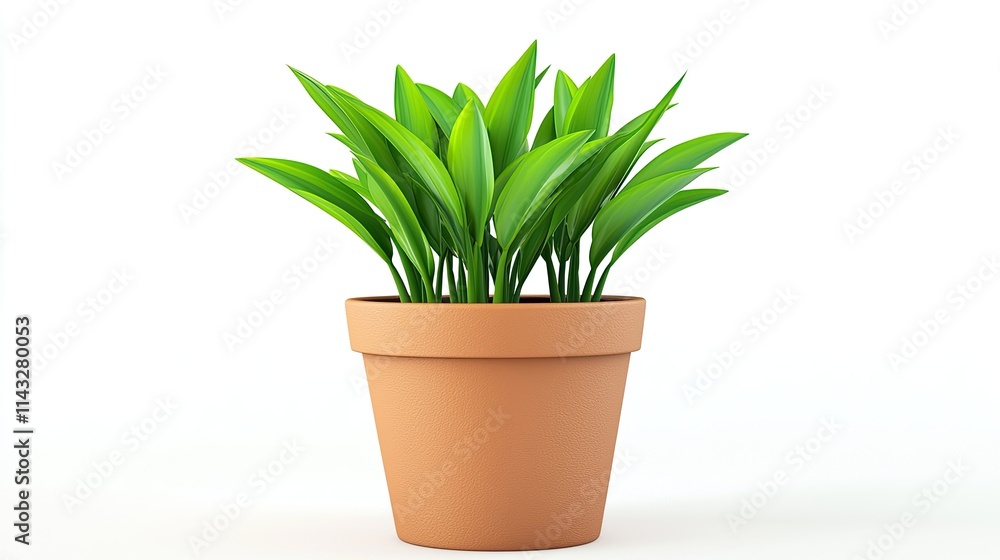 A green potted plant with lush leaves in a simple terracotta pot. A green potted plant with lush leaves in a simple terracotta pot.
