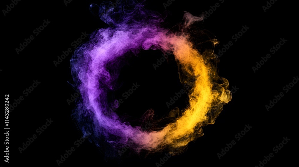 An abstract geometric smoke circle in purple yellow color on a black background An abstract geometric smoke circle in purple yellow color on a black background