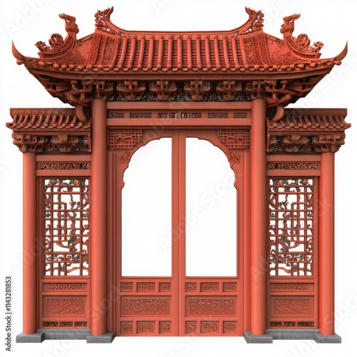 Chinese gate with intricate design isolated on white background