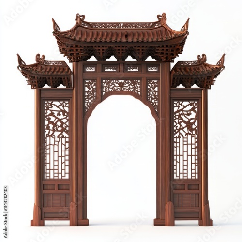 Chinese gate with intricate design isolated on white background