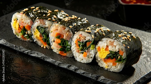 Five Kimbap Rolls, Sesame-Topped, Displayed on a Dark Slate Plate