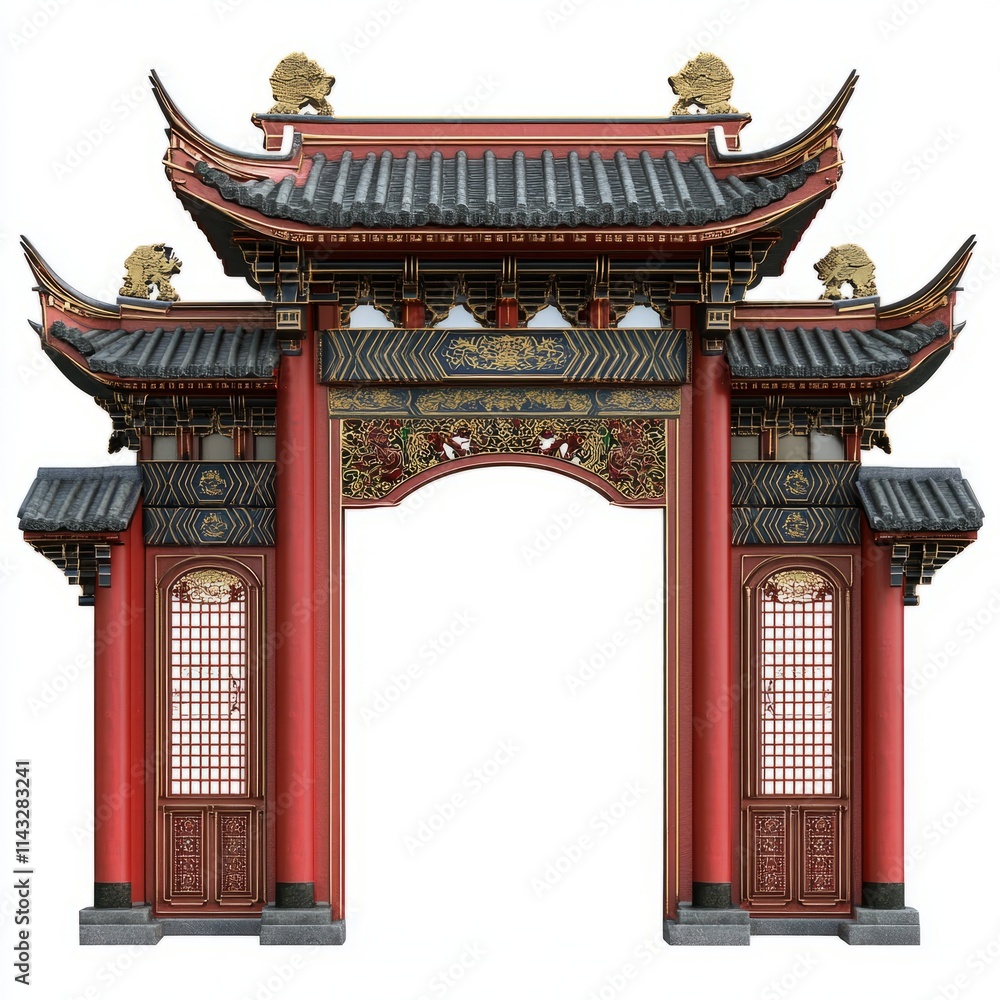 Fototapeta premium Chinese gate with intricate design isolated on white background