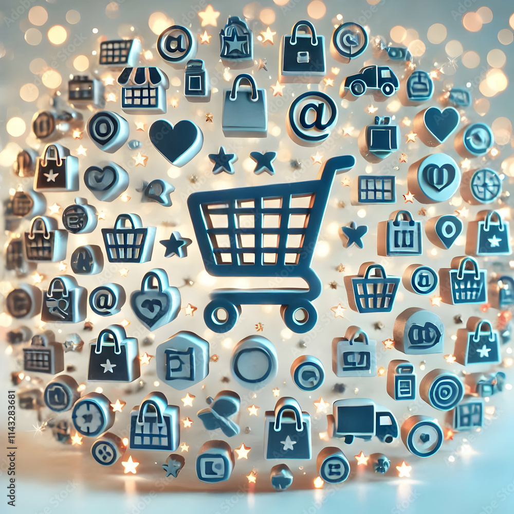 3D Shopping Icons Constellation with Bokeh Background - Wide Shot of Cart, Bag, Tag Shapes Rotating in Space 3D Shopping Icons Constellation with Bokeh Background - Wide Shot of Cart, Bag, Tag Shapes Rotating in Space