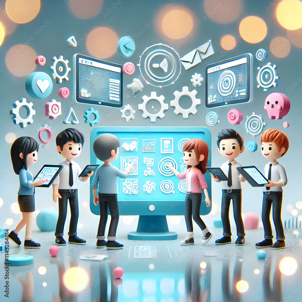 3D Creative team using interactive touch screens bokeh background copy space on right. concept as A creative team using interactive touch screens for collaborative design work set against a bokeh back 3D Creative team using interactive touch screens bokeh background copy space on right. concept as A creative team using interactive touch screens for collaborative design work set against a bokeh back