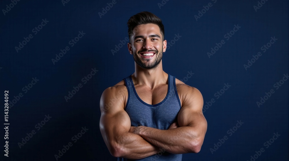Fototapeta premium A fit man showcasing his physique, ideal for fitness and health-related content, emphasizing strength and dedication.