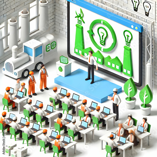 Wallpaper Mural 3D Factory Workers Energy Saving Workshop with Environmental Consultant and Presentation Screen Torontodigital.ca