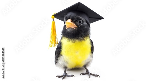 Baby Black and Yellow Turpial Bird Sitting on the Floor, Smiling, Wearing a Mortarboard – Graduation Celebration on Solid White Background photo