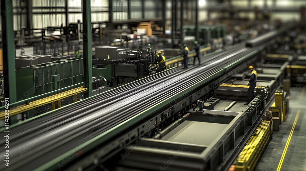 Industrial factory interior showing workers on a metal production line. Industrial factory interior showing workers on a metal production line.
