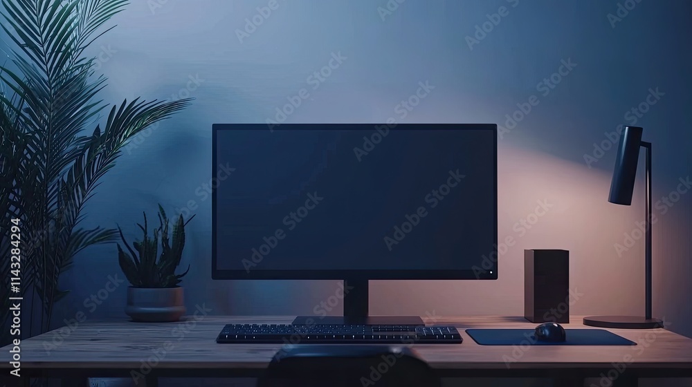 A dimly lit workspace featuring a monitor, keyboard, mouse, and potted plant. A dimly lit workspace featuring a monitor, keyboard, mouse, and potted plant.