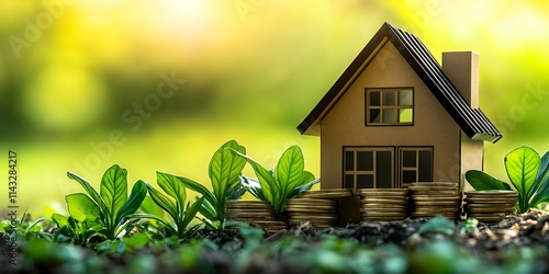 Wallpaper Mural Financial stability concept with house and coins amid lush green vegetation : Generative AI Torontodigital.ca