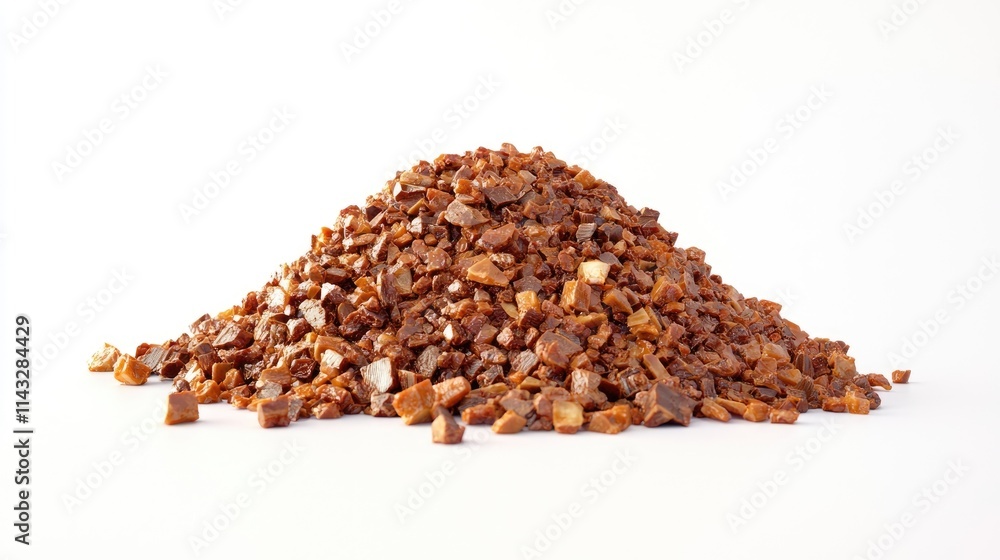 A mound of coarse, brown sugar crystals on a white background. A mound of coarse, brown sugar crystals on a white background.
