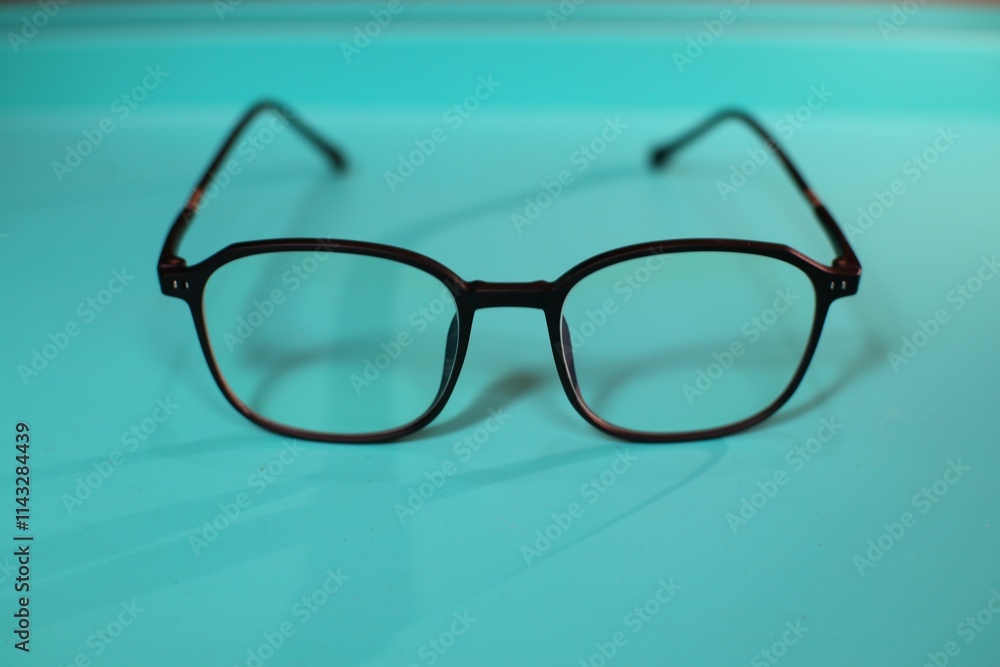 Black-framed square glasses rest on a shiny light blue surface, with their reflection visible. Black-framed square glasses rest on a shiny light blue surface, with their reflection visible.