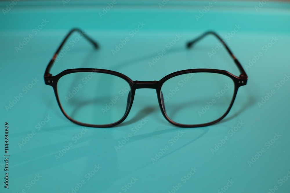 Black-framed square glasses rest on a shiny light blue surface, with their reflection visible. Black-framed square glasses rest on a shiny light blue surface, with their reflection visible.
