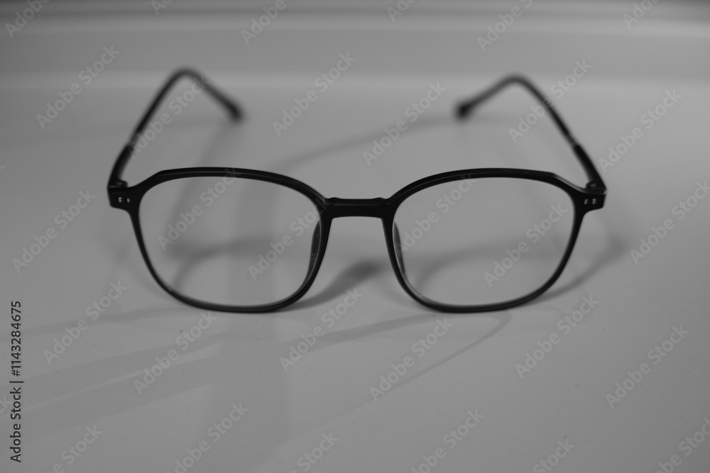 A pair of black framed glasses with clear lenses is placed on a white surface. A pair of black framed glasses with clear lenses is placed on a white surface.