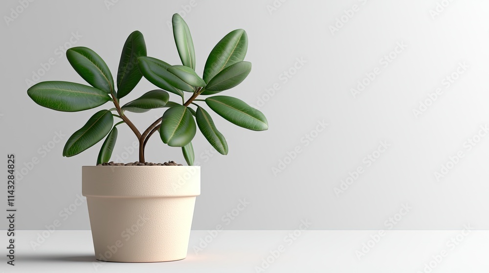 A potted plant with glossy leaves on a minimalist surface against a light background. A potted plant with glossy leaves on a minimalist surface against a light background.