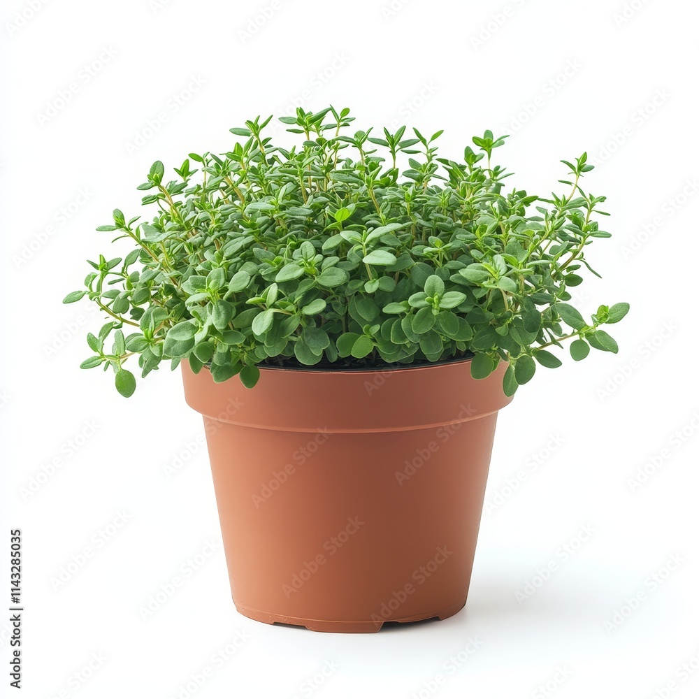 A potted thyme plant isolated on white background A potted thyme plant isolated on white background