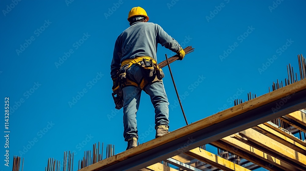 Construction Laborer Working on Elevated Steel Structure : Generative AI Construction Laborer Working on Elevated Steel Structure : Generative AI