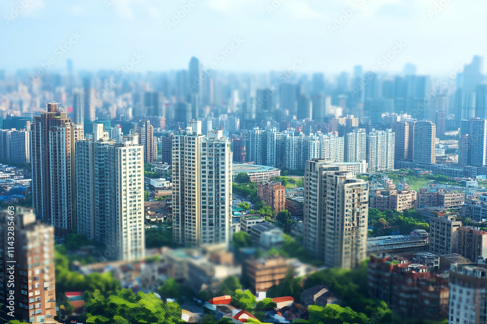 Obraz premium A blurred view of a bustling city skyline with skyscrapers and urban landscape.