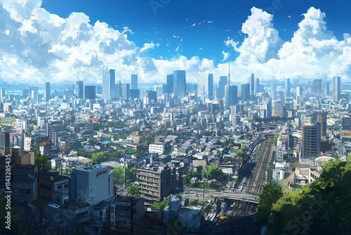 A panoramic cityscape showcasing urban buildings, roads, and a bright sky with clouds.