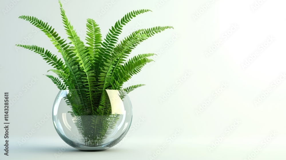 A lush fern in a clear glass vase, adding a touch of greenery to a bright space. A lush fern in a clear glass vase, adding a touch of greenery to a bright space.