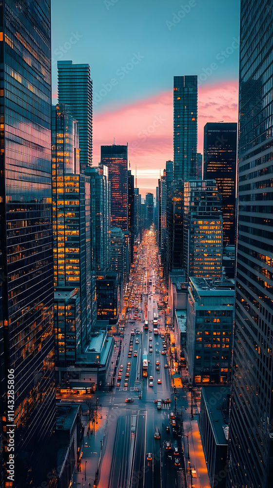 Obraz premium A vibrant cityscape at dusk, showcasing urban architecture and bustling traffic.