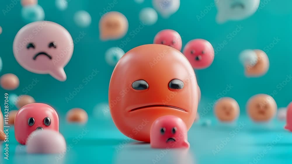 Sad and worried emoticons floating in blue background, expressing various emotions Sad and worried emoticons floating in blue background, expressing various emotions