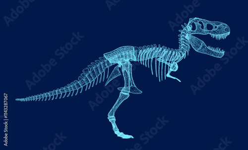 Tyrannosaurus rex or t rex dinosaur outline isolated on blue. Contour style vector illustration. Side view. 3D