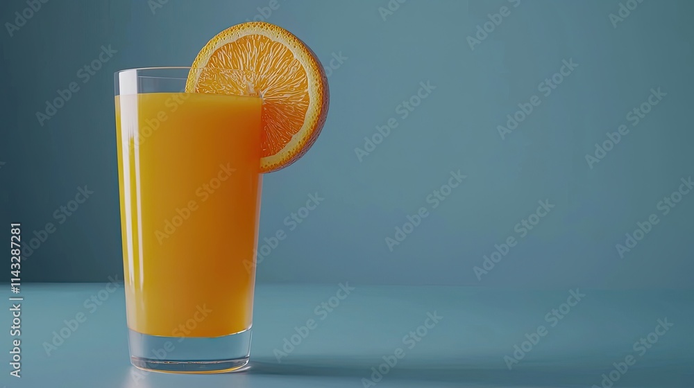A refreshing glass of orange juice garnished with a slice of orange on a blue background. A refreshing glass of orange juice garnished with a slice of orange on a blue background.