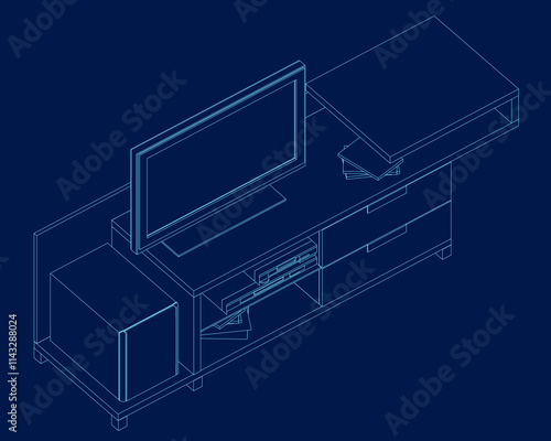 TV cabinet interior with decorative elements, books. Contour vector illustration on blue background. Isometric view