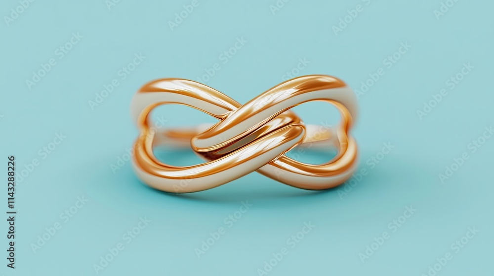 A polished gold infinity knot ring on a light blue background, symbolizing eternal love. A polished gold infinity knot ring on a light blue background, symbolizing eternal love.