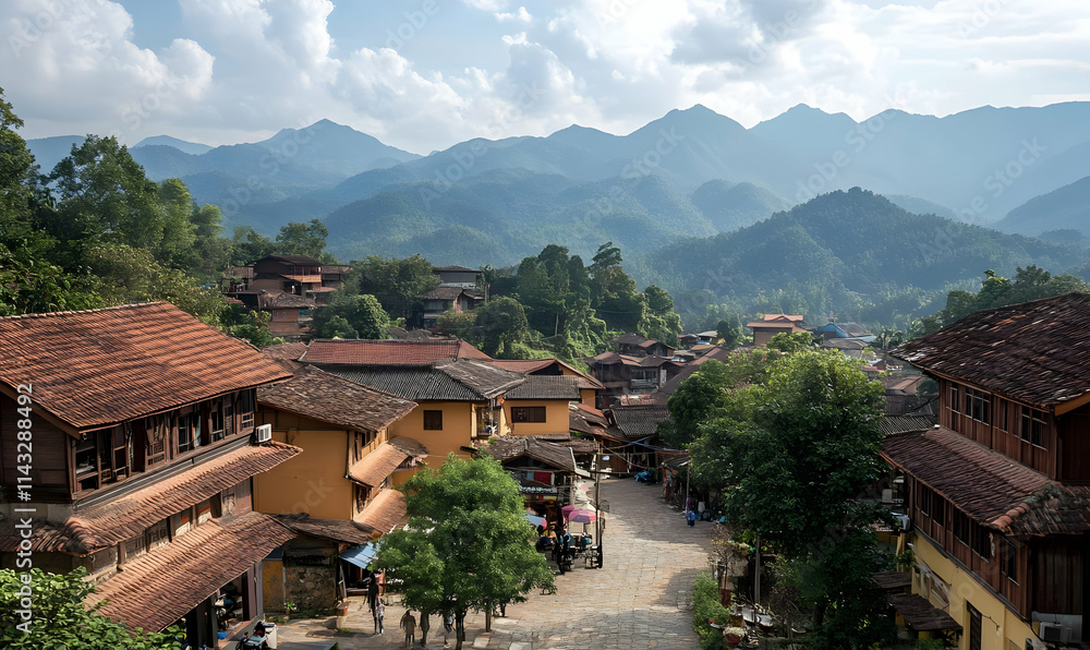 Scenic village nestled in mountains with traditional architecture and lush greenery. Scenic village nestled in mountains with traditional architecture and lush greenery.