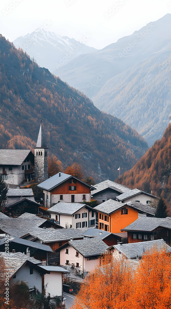 A scenic view of a quaint village nestled in autumn-colored mountains. A scenic view of a quaint village nestled in autumn-colored mountains.