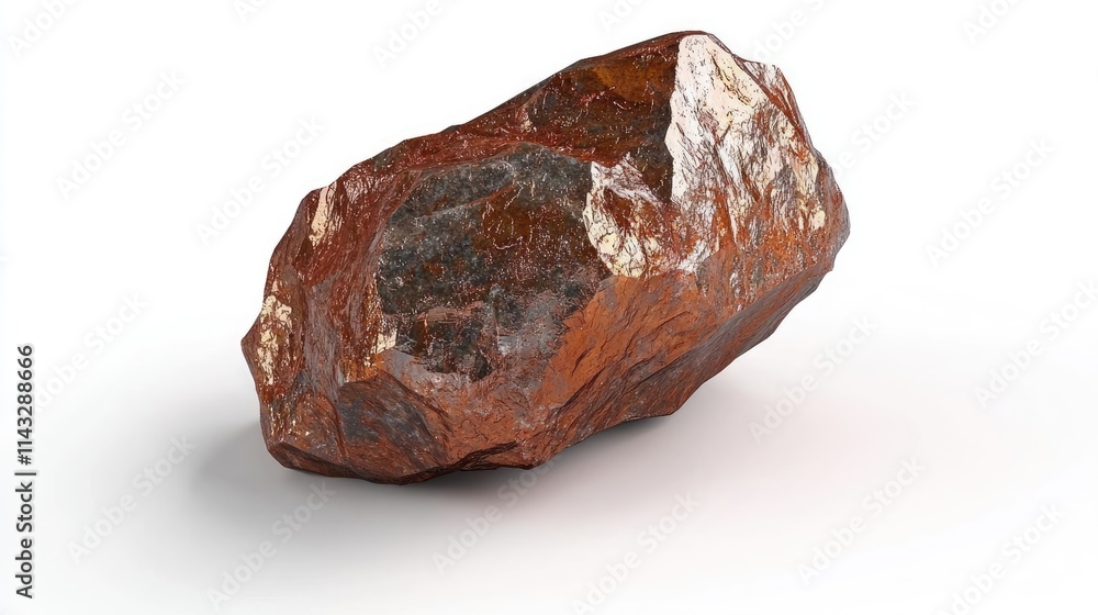 A rough, reddish-brown mineral rock with shiny metallic flecks on a white background.