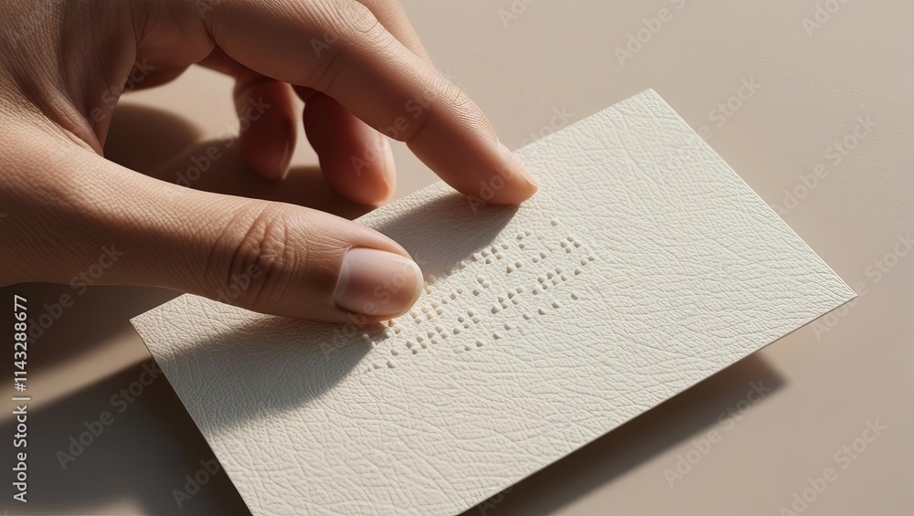 World Braille Day concept. Close up view of finger touching a textured card on a Braille card, highlighting tactile details.