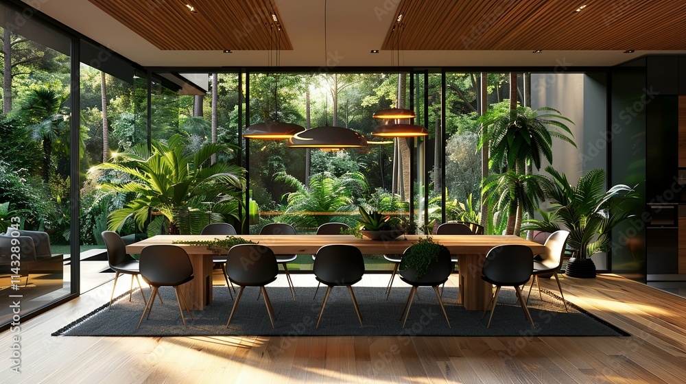 Fototapeta premium Luxurious Tropical Dining Room with Expansive Forest Views and Modern Lighting