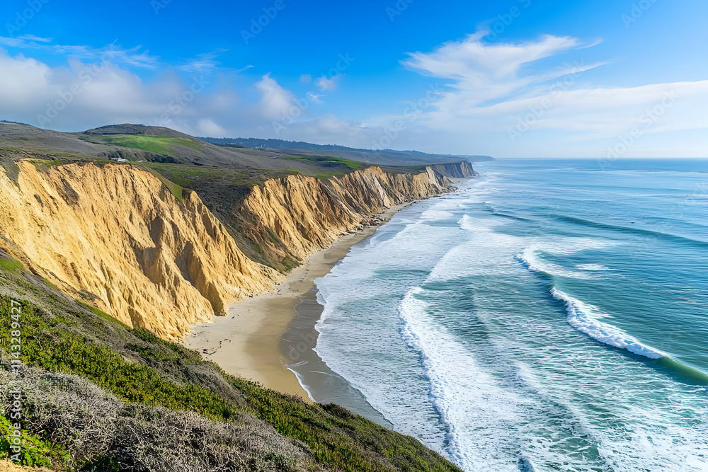 Scenic coastal view with cliffs, waves, and blue sky, showcasing natural beauty. Scenic coastal view with cliffs, waves, and blue sky, showcasing natural beauty.