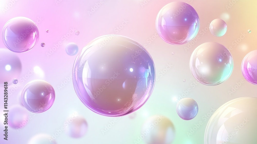 Pastel iridescent spheres float on a soft background. Pastel iridescent spheres float on a soft background.